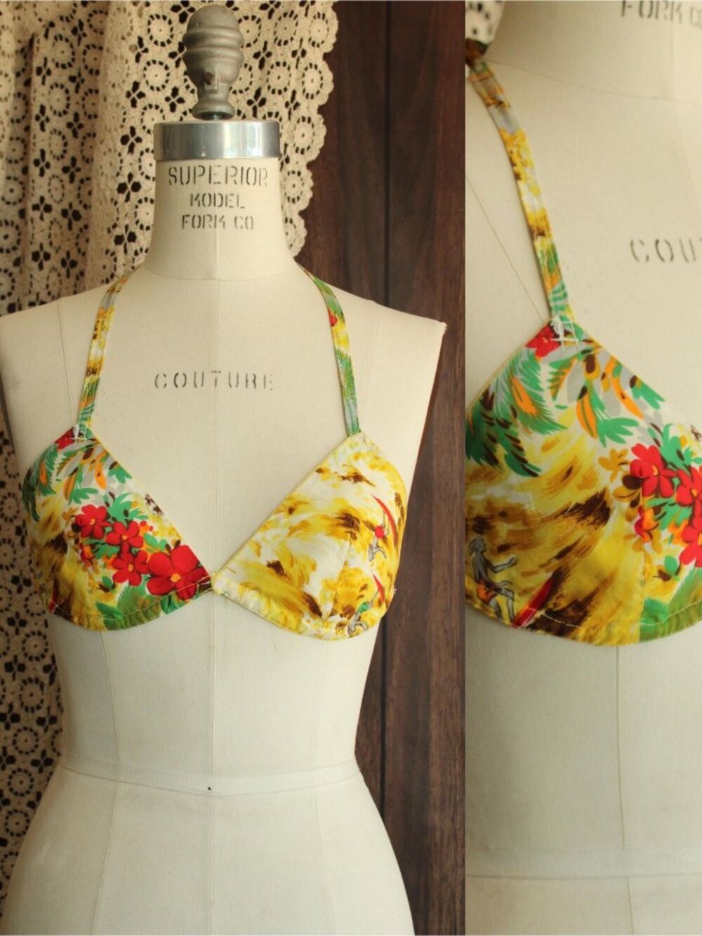 Vintage 1960s Bikini Swimsuit Top, Surfer Print in Yellow Red and Green Swimwear